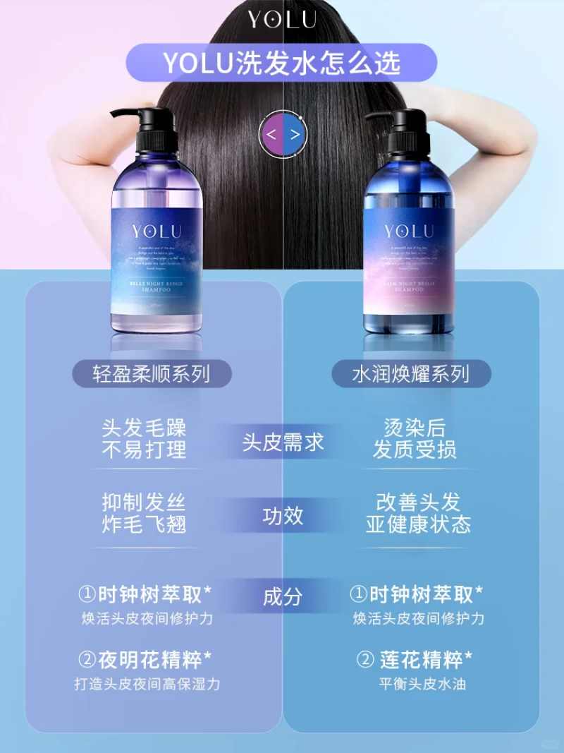 YOLU夜间密集修复洗发水护发素发质受损修护改善毛躁轻盈柔顺发丝
