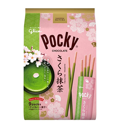 日本格力高GLICO 百奇POCKY 春季期间限定 大袋巧克力脆棒分享装 樱花抹茶口味 9包装