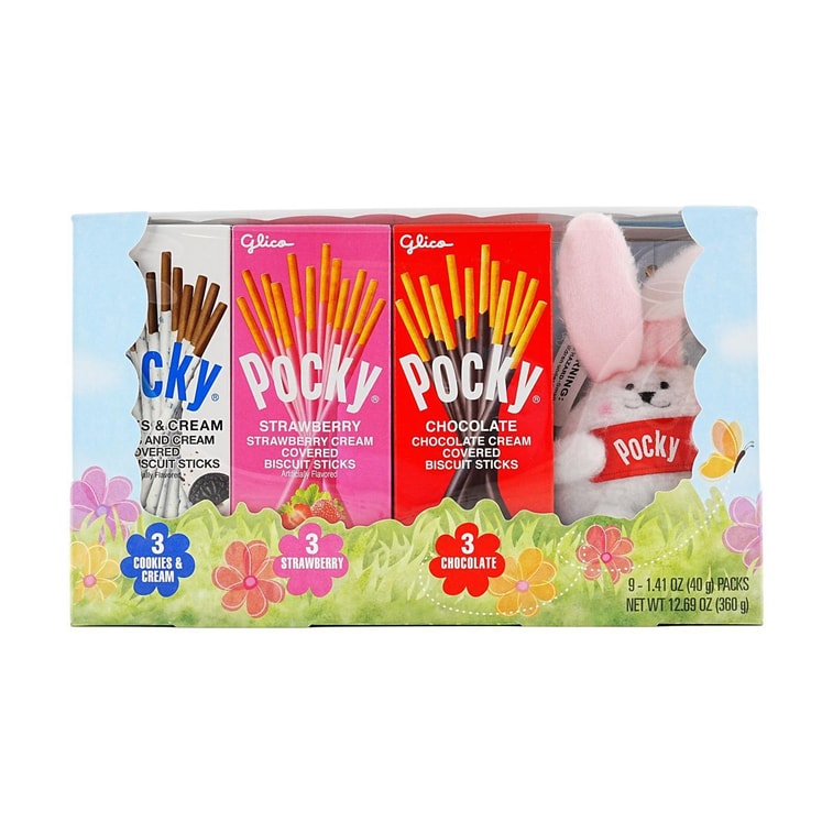 GLICO格力高 POCKY百奇 巧克力草莓奶油涂层饼干棒礼盒 9盒入 360g【赠送毛绒兔子钥匙扣】