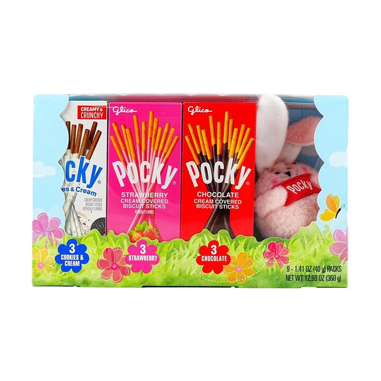 GLICO格力高 POCKY百奇 巧克力草莓奶油涂层饼干棒礼盒 9盒入 360g【赠送毛绒兔子钥匙扣】